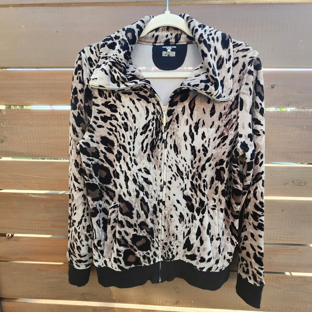 Vintage Jones New York Sport Snow Leopard Print Velour‎ Zip-Up Jacket M
